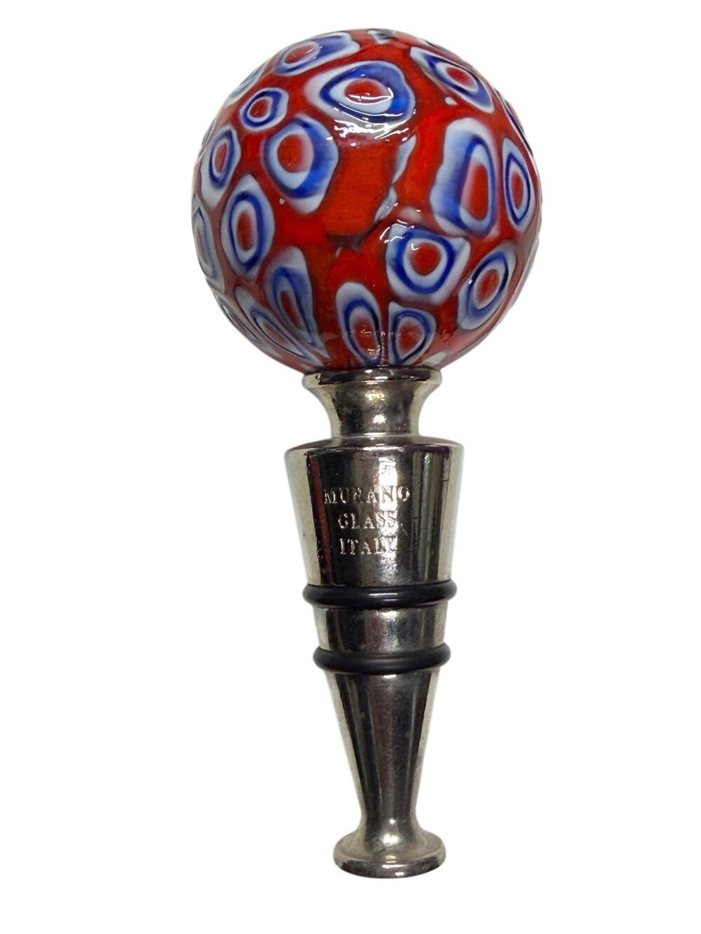 Murano Glass Collections Wine Bottle Stopper Millefiori Ball  Red, White, Blue